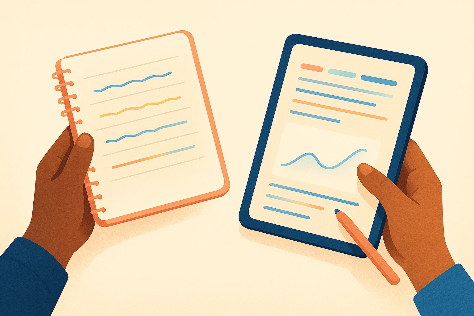 Ilustração de mãos com um caderno e um tablet mostrando um resumo de acompanhamento