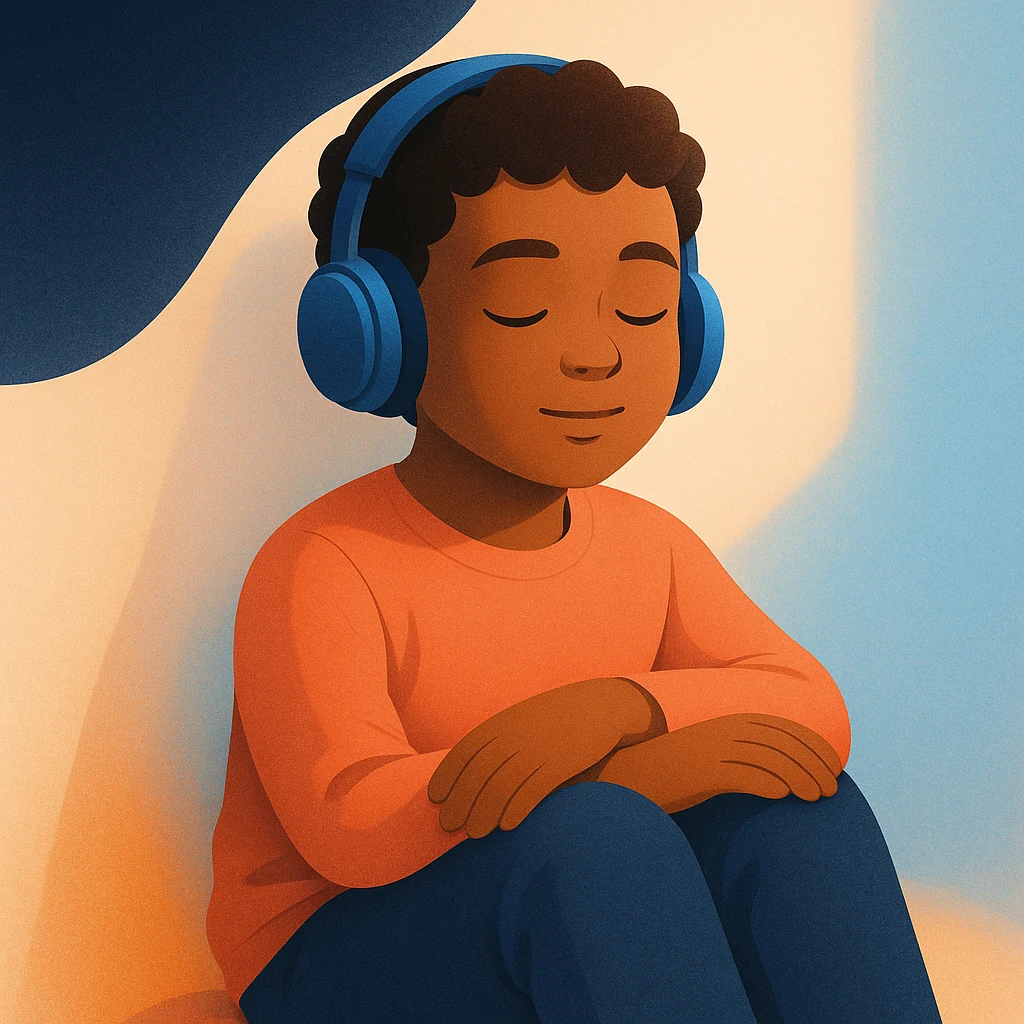 Ilustração de uma criança serena de olhos fechados usando fones de ouvido