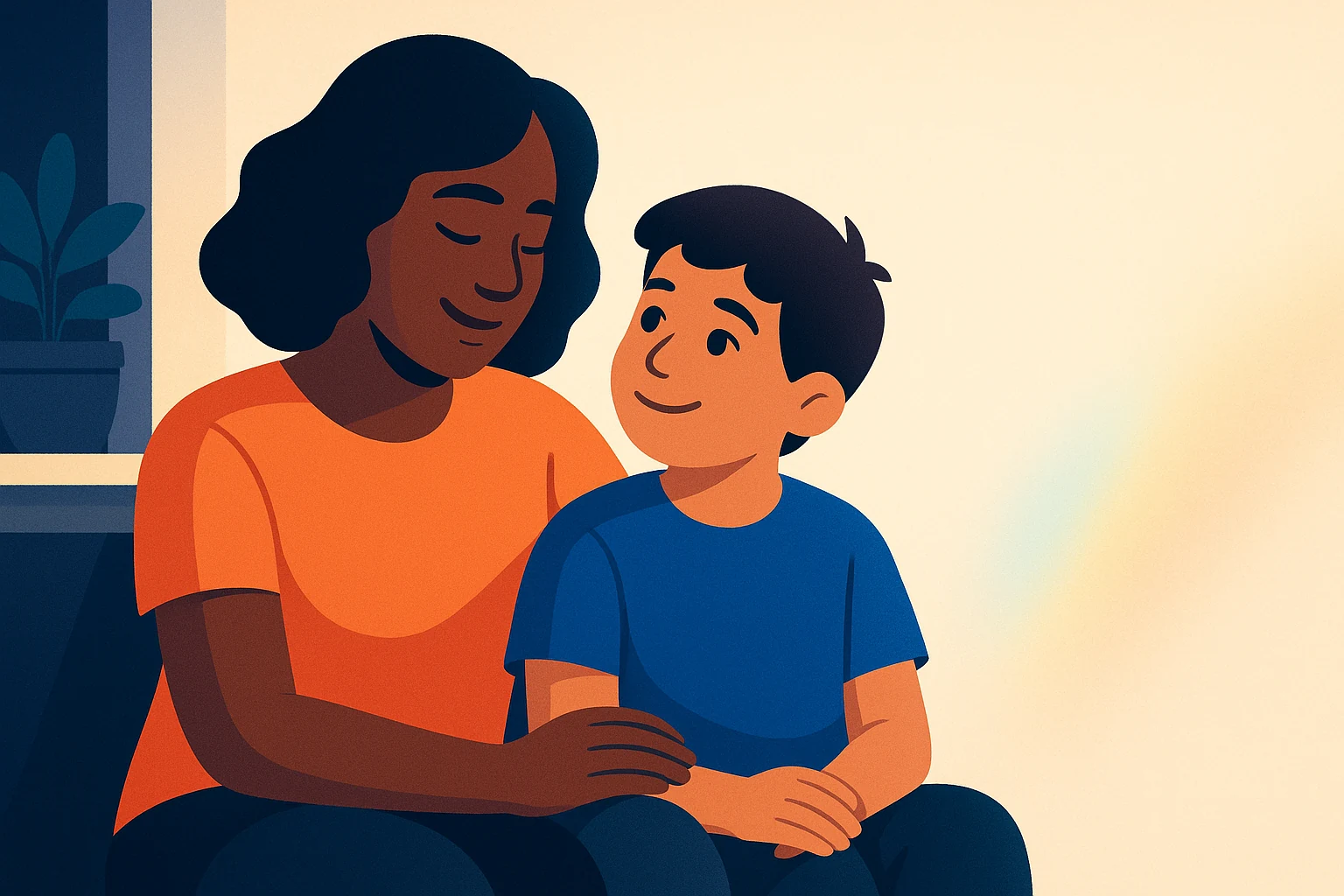 Ilustração de um pai abraçando o filho que sorri, em casa
