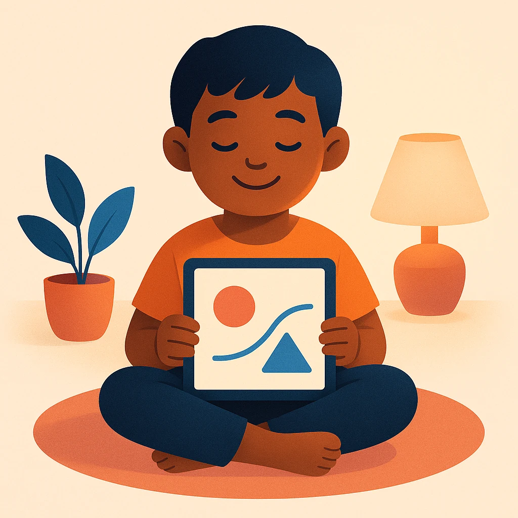 Ilustração de uma criança sorrindo enquanto usa o Tealu num tablet