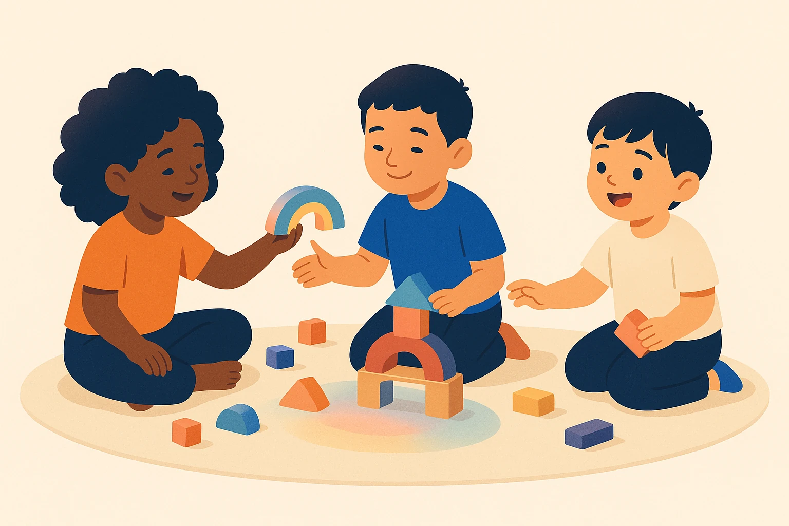 Ilustração de crianças diversas brincando juntas com blocos
